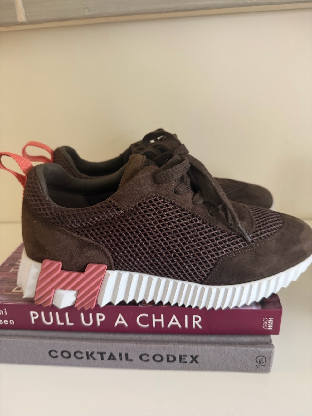 Hermes Brown Mesh & Suede Sneakers with White Ribbed Sole and Pink Heel Tab